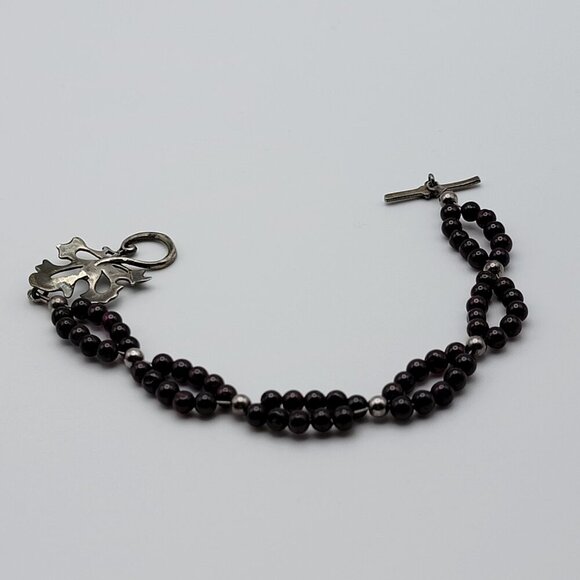 Vintage Sterling Silver Garnet Beaded Bracelet 7.5 In Leaf Toggle Clasp Native - Picture 8 of 9